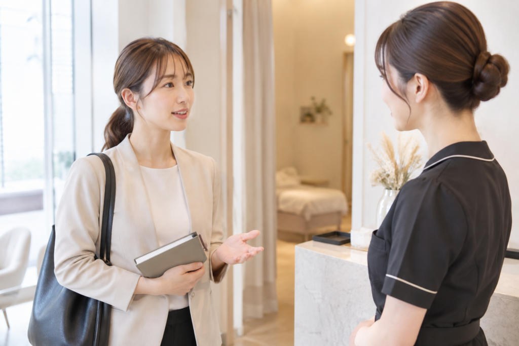 サロンの受付で女性がスタッフに質問しながらメモ帳を持って話している写真