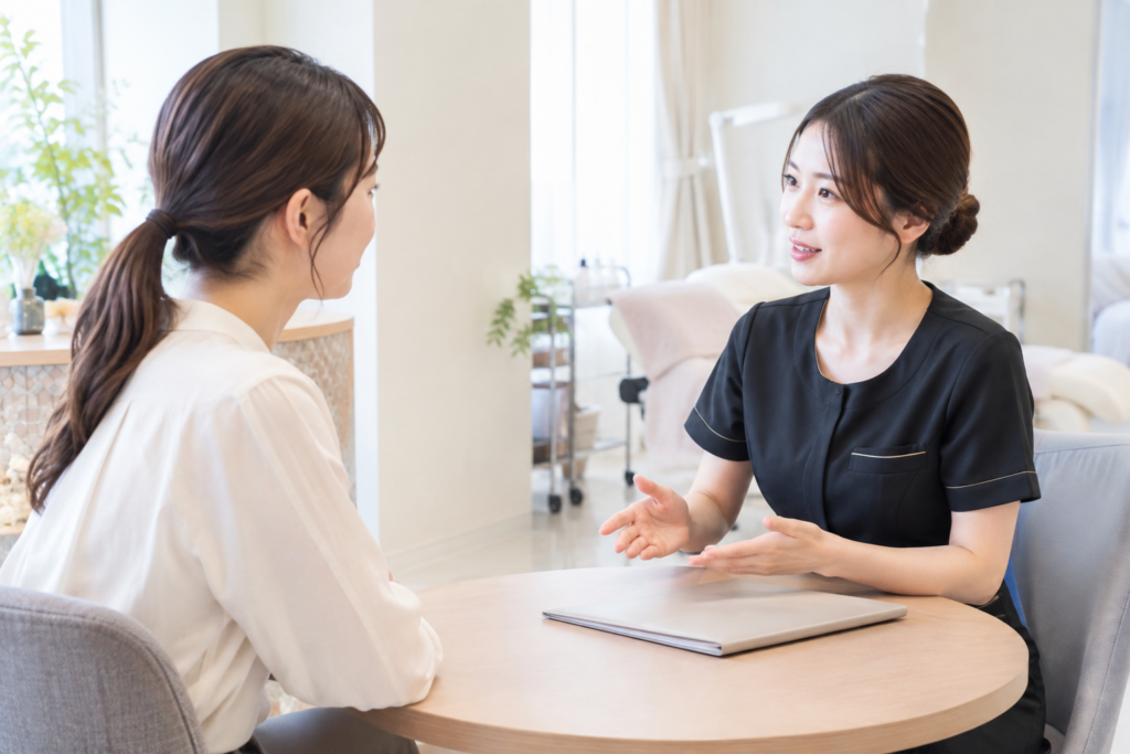 サロンのテーブルで女性スタッフが来店者に説明している