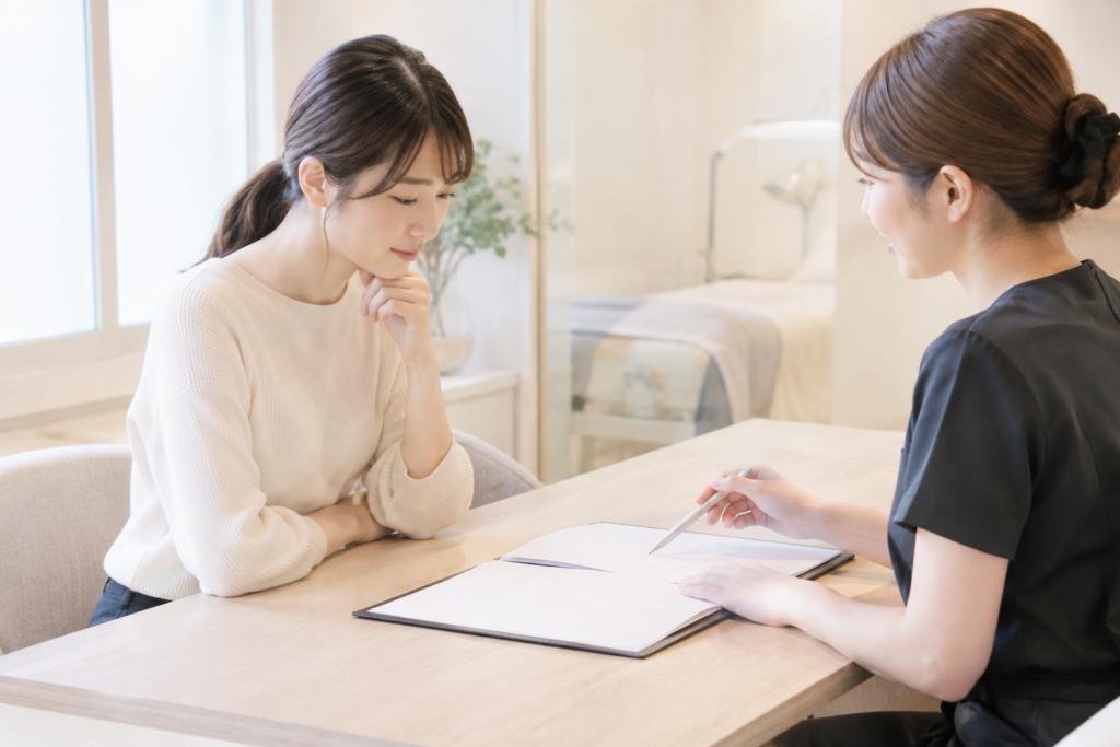 面接官と応募者が机を挟んで書類を確認している様子