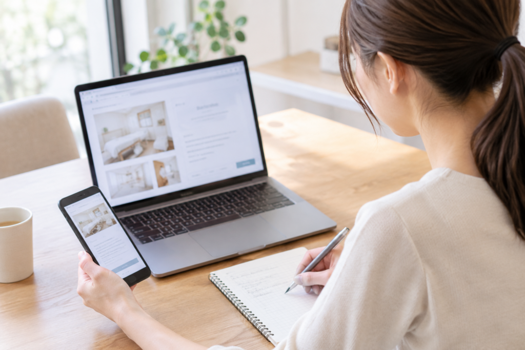 机の前で女性がノートPCとスマートフォンを見ながらメモを取っている
