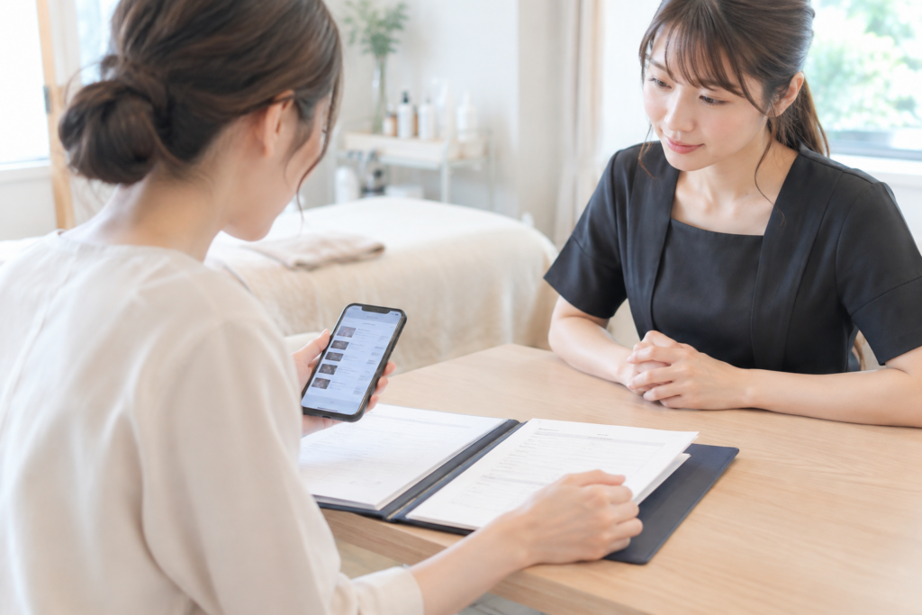 サロンのテーブルで、女性がタブレットと書類を見ながら別の女性と面談している