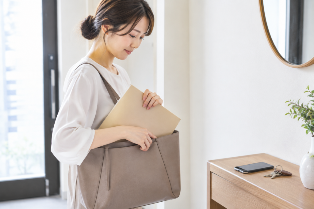 室内で女性がバッグから書類を取り出している