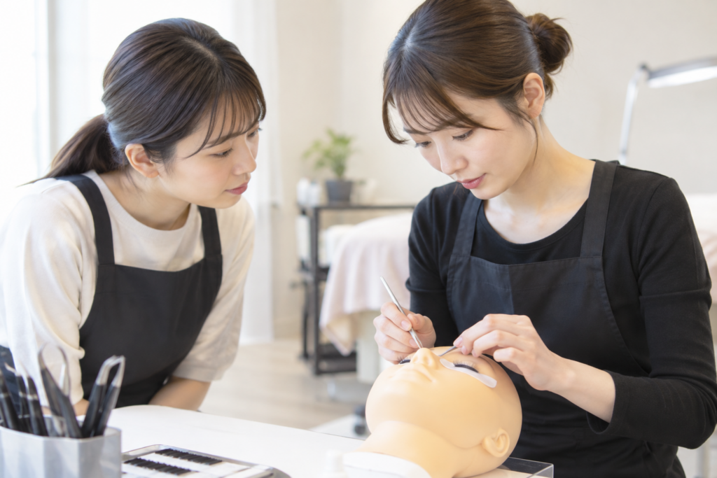 講師がマネキンでまつげ施術の練習を教えている様子