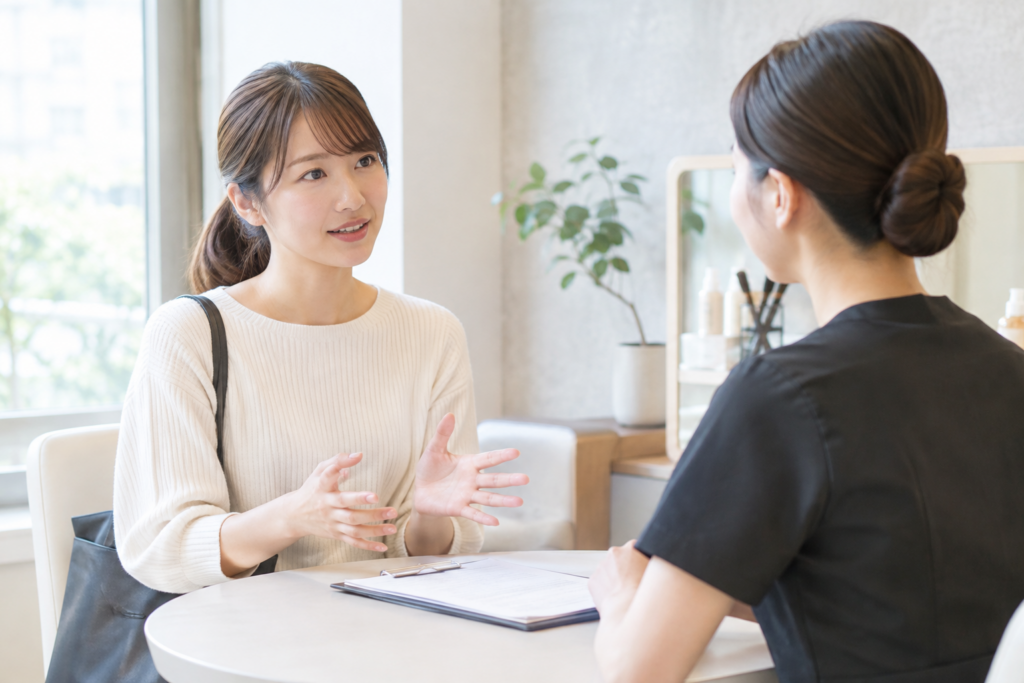 テーブル越しに女性が面接担当者らしき相手へ相談している