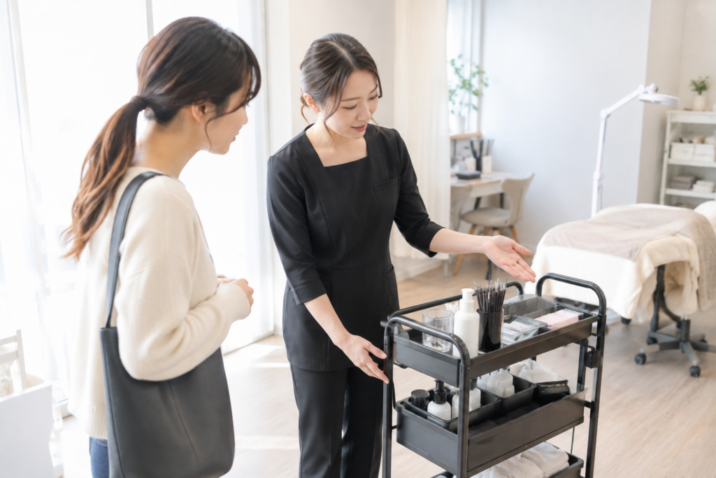 サロン内でスタッフが見学者に備品カートを示しながら説明している
