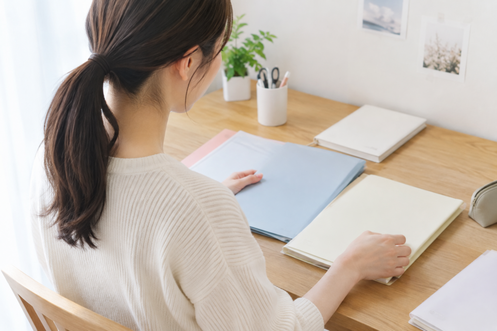 机で書類やノートを並べて確認する女性