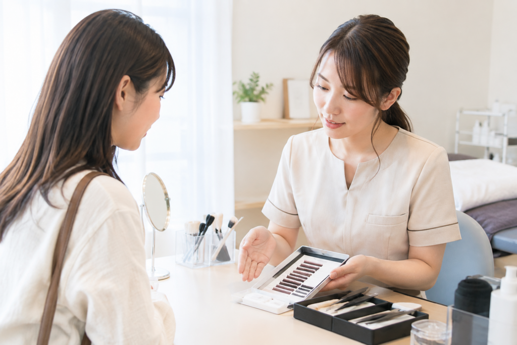サロンで女性スタッフがメニュー表を見せながら説明している様子