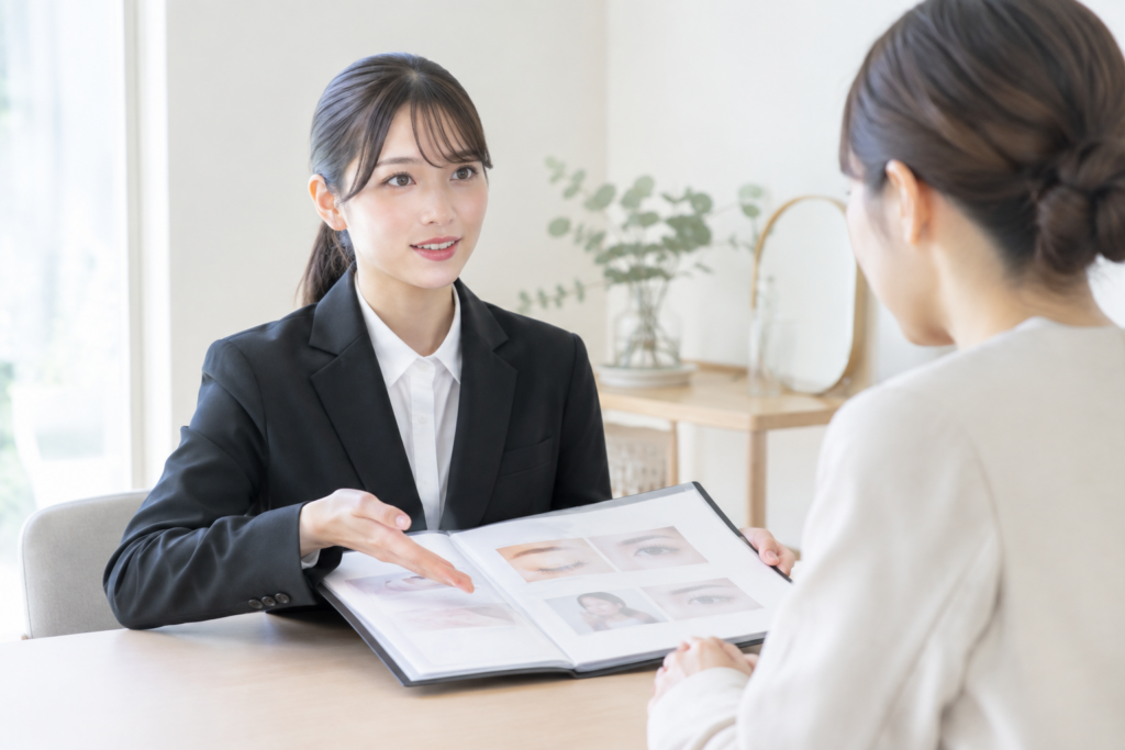 面接官に履歴書資料を見せながら説明する女性