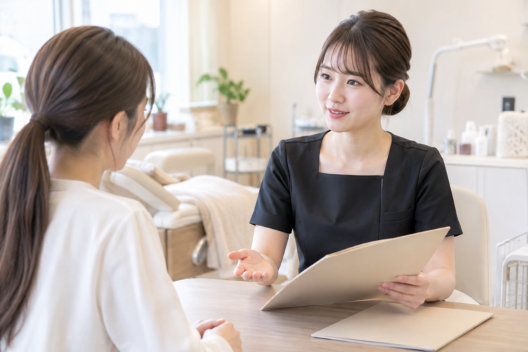 美容サロンで女性スタッフが応募者と面談し、書類を見ながら説明している写真