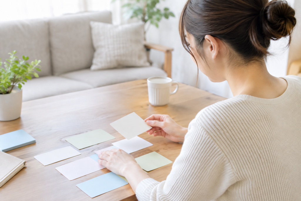 机の上でカードを並べながら整理する女性の後ろ姿