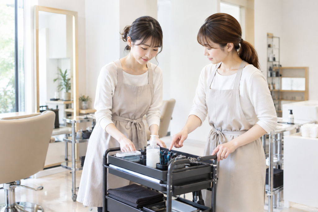 美容室でエプロン姿のスタッフ2人がワゴン上の道具を確認している