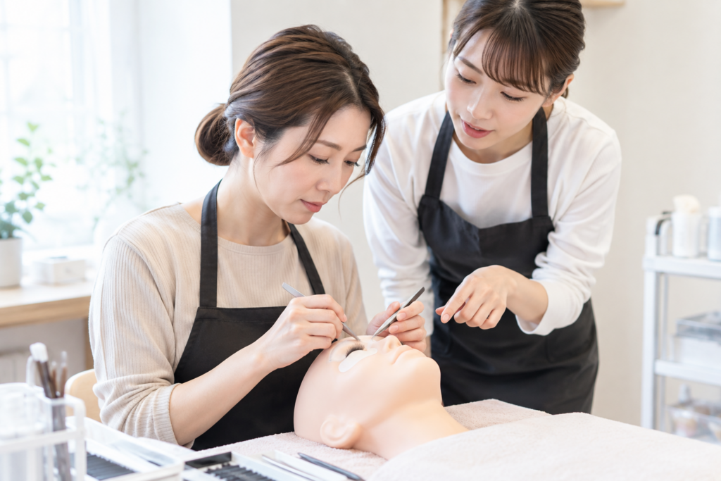 サロンで女性スタッフがマネキンを使ってまつげ施術を練習し、別のスタッフがそばで指導している